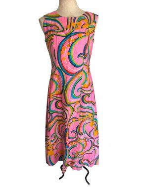 Alfred Shaheen 1960s Womens Swirl Print Maxi Dress Size M/L Pink Cotton Rare